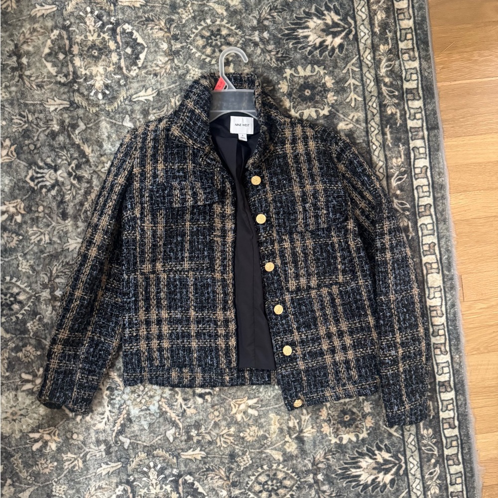 Nine West Black and Tan Plaid Tweed Jacket with Gold Buttons